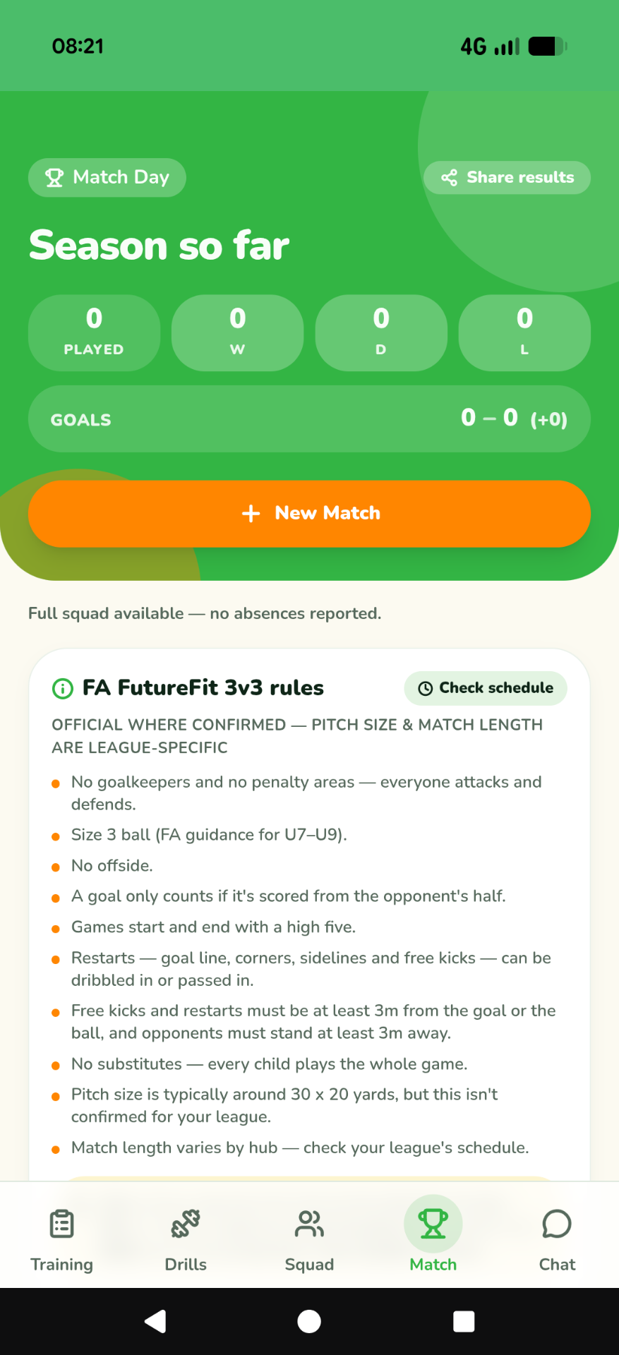 Strike Coach match day screen showing season stats for played, wins, draws, losses and goals alongside 3v3 rules