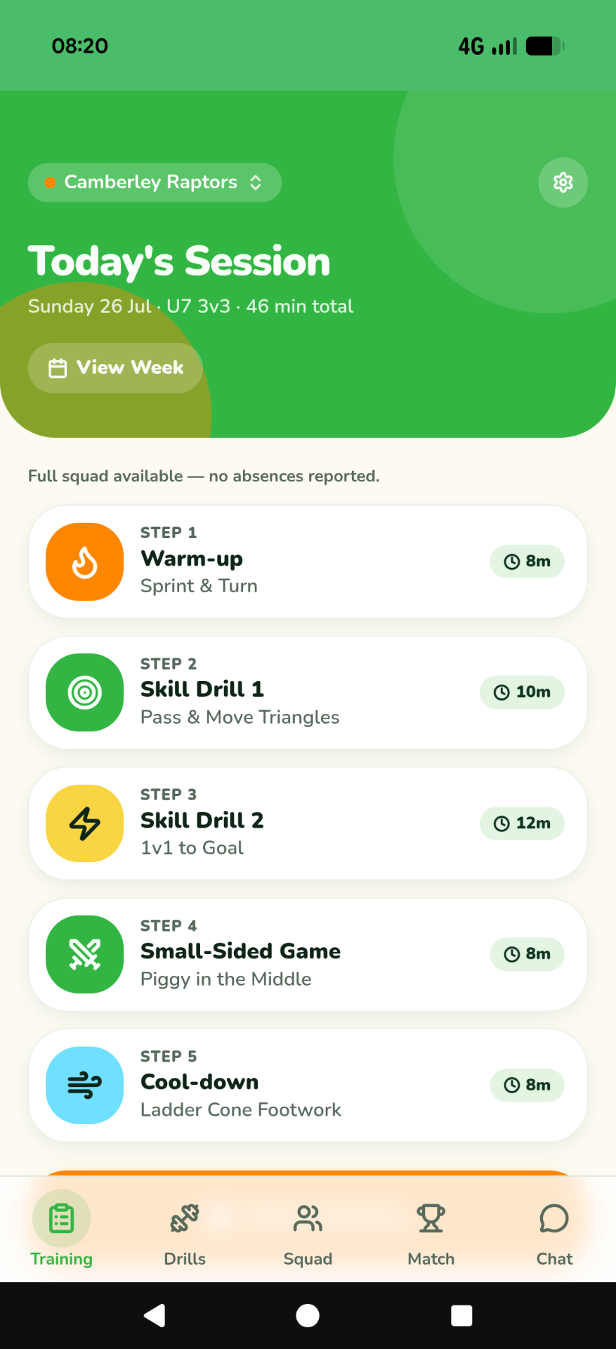 Strike Coach today's session screen showing a five-step plan: warm-up, two skill drills, a small-sided game and a cool-down with timings