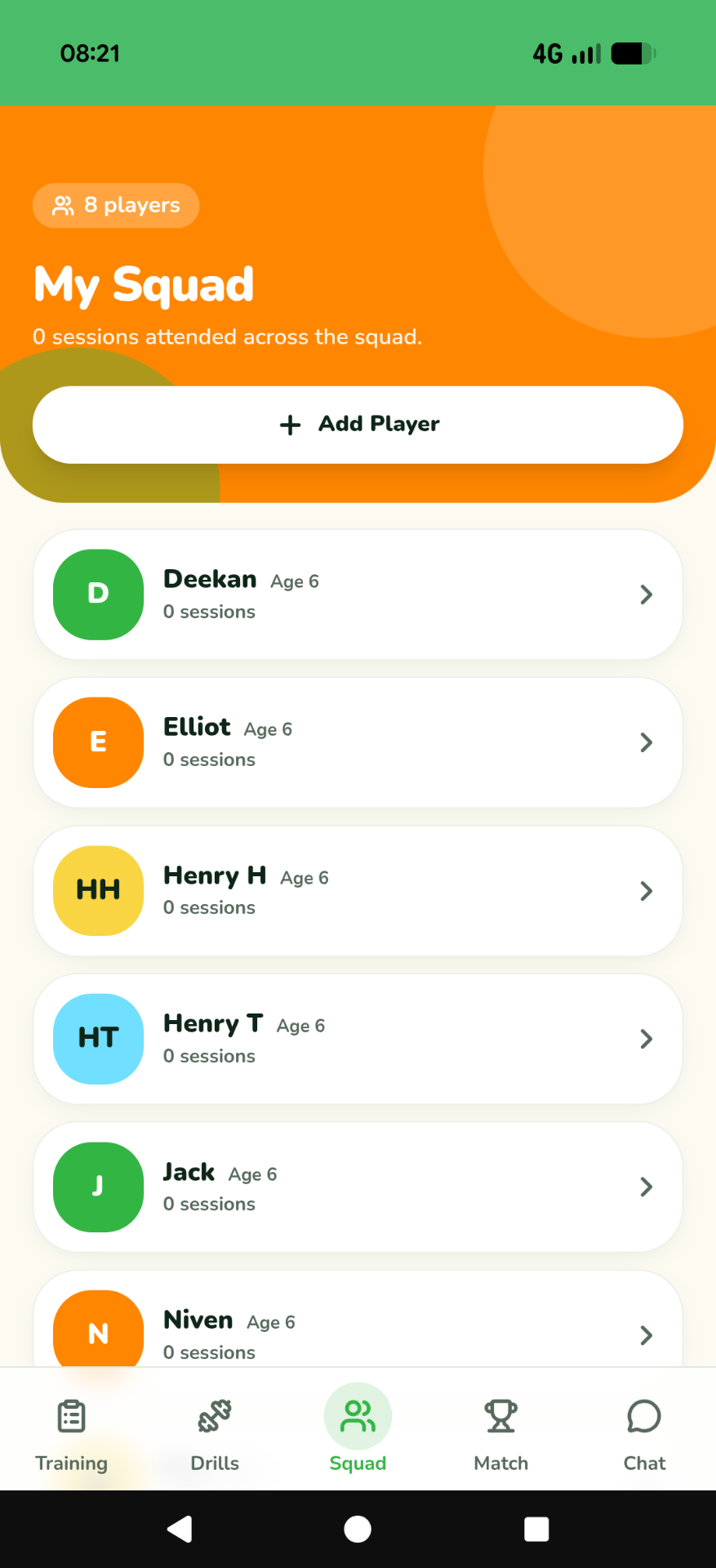 Strike Coach squad screen listing eight players with ages and sessions attended