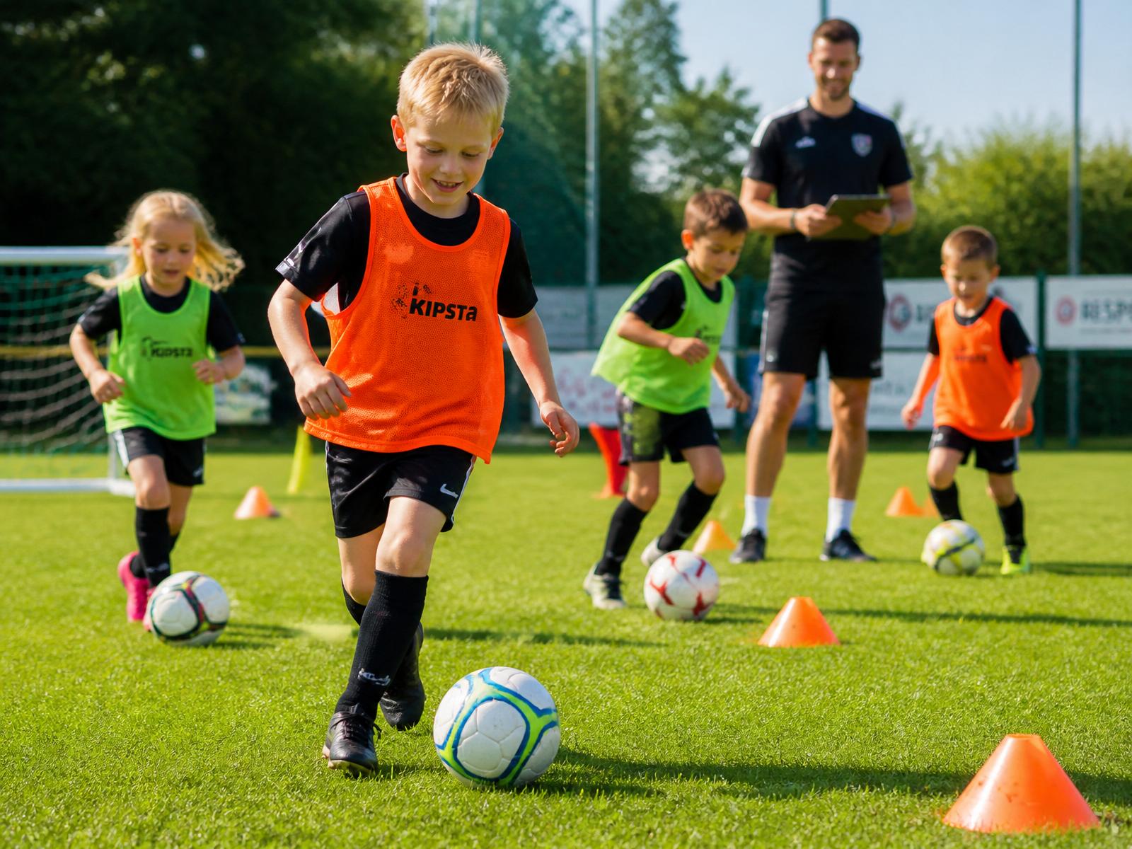 Young children in orange and green bibs dribbling footballs around cones while a volunteer coach watches with a clipboard